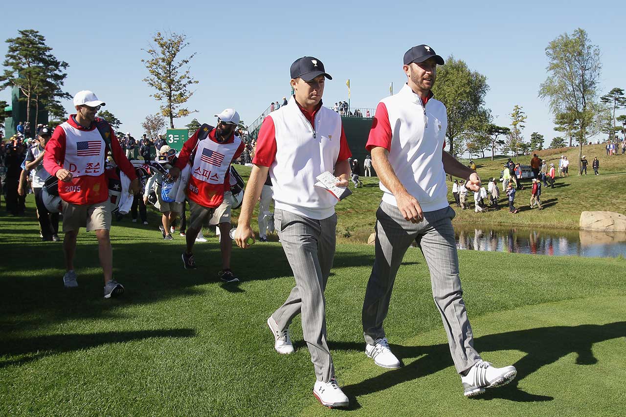 2015 Presidents Cup Jordan Spieth and Dustin Johnson walk off the