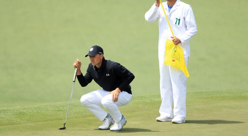 2018 Masters Tournament: Final Round - Jordan Lines Up His Birdie Putt on No. 2